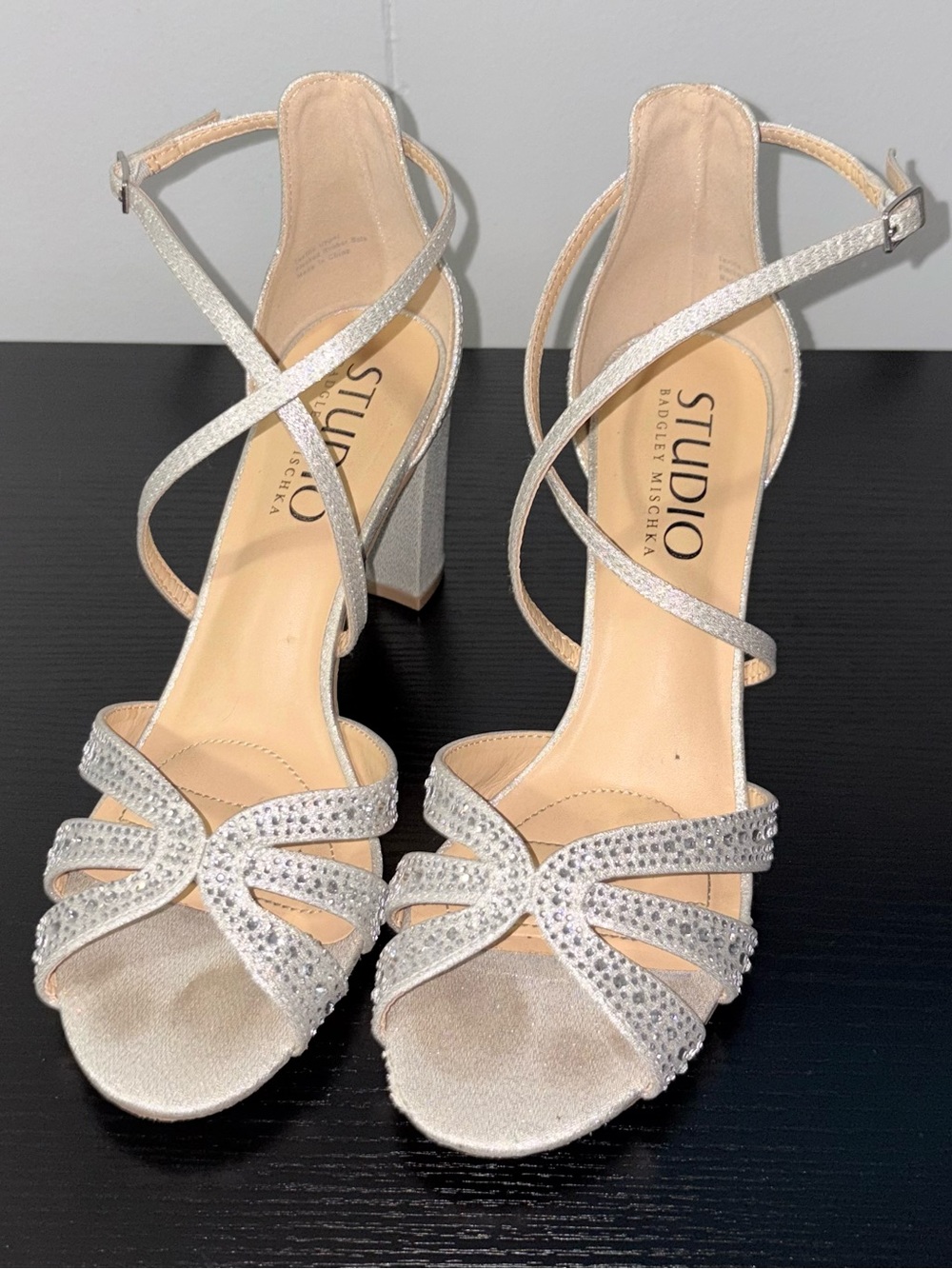 Studio Badgley Mischka Silver Rhinestone Block Heel Sandals Ankle Strap